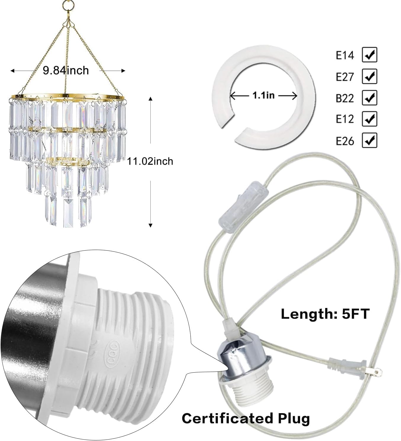 Modern Chandelier Shade with 1 Light Plug-In - Gold Faux Chandeliers Light Fixture - Pendant Ceiling Lampshade for Girls Bedroom - Size W9.84 X H11